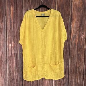 Niche Nilgun Derman Yellow Gauze Tunic Top V-Neck Cap Sleeve Lagenlook Size XL